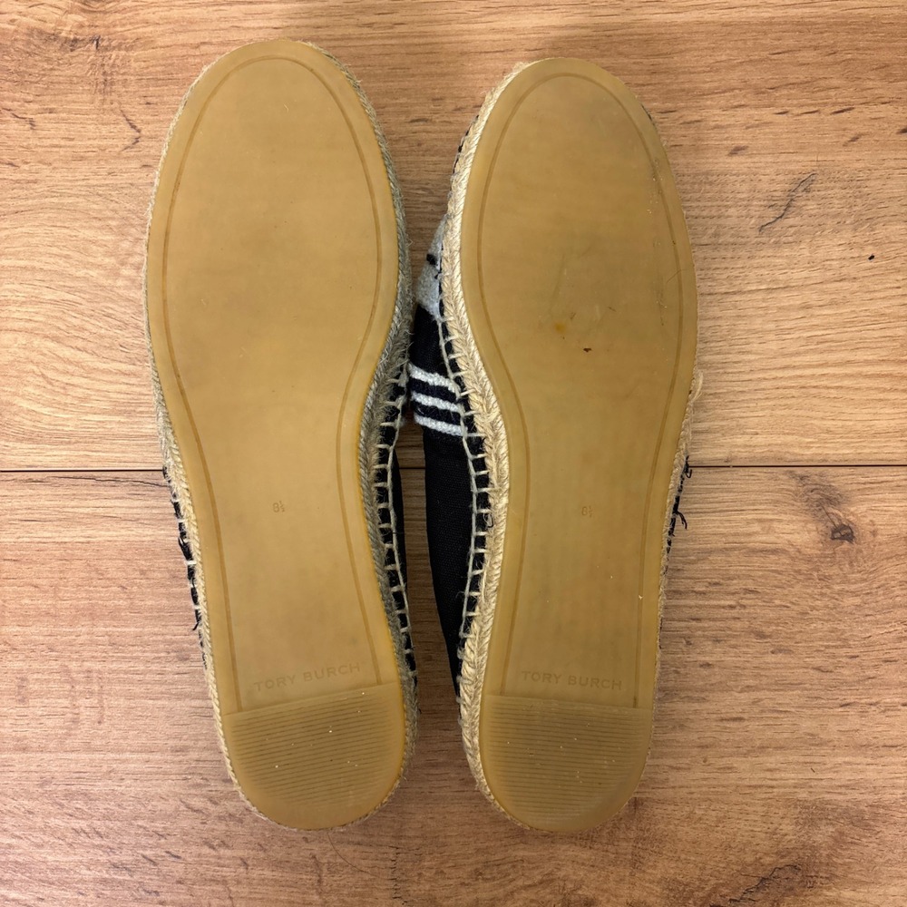 TORY BURCH Womens Double T Espadrille Flats Size 8.5 Black‎ White Stripe Casual - Picture 11 of 11